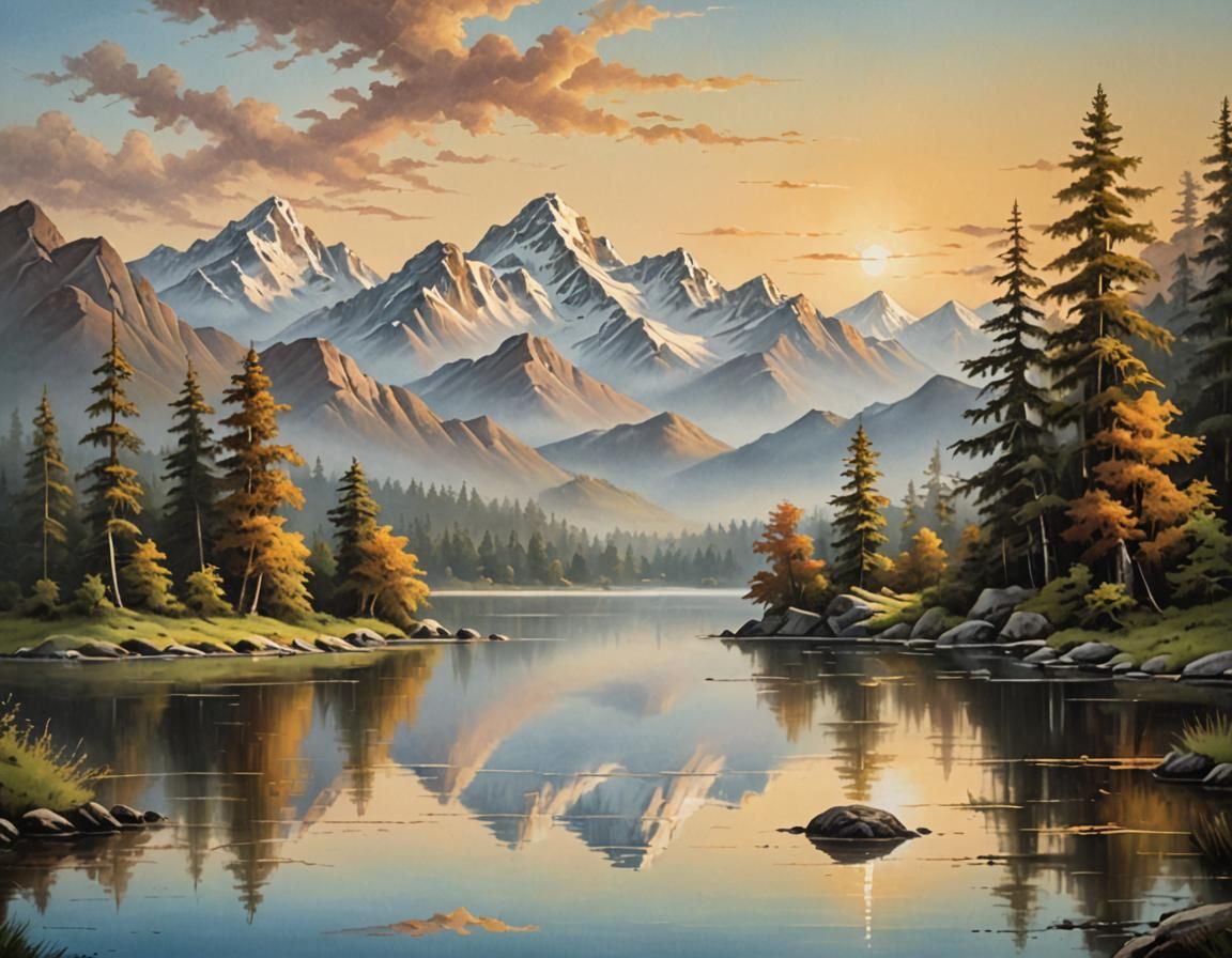 Peaceful Mountain Landscape in Oil Painting Style