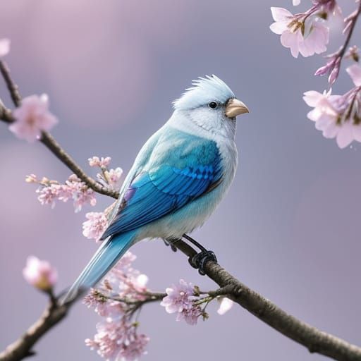 Bird on Cherry Blossom Branch in Ghibli Style