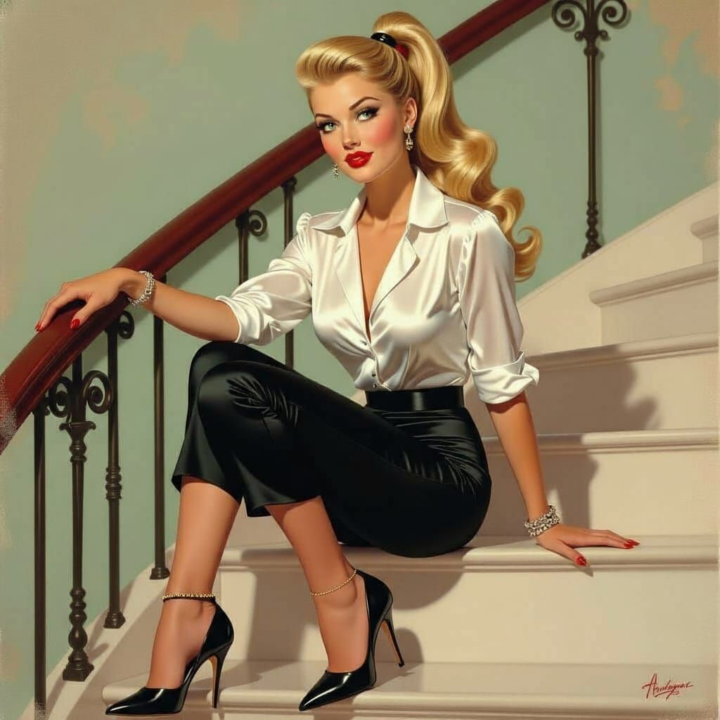 Blonde Woman in Capri Pants, Pin-Up Style Illustration