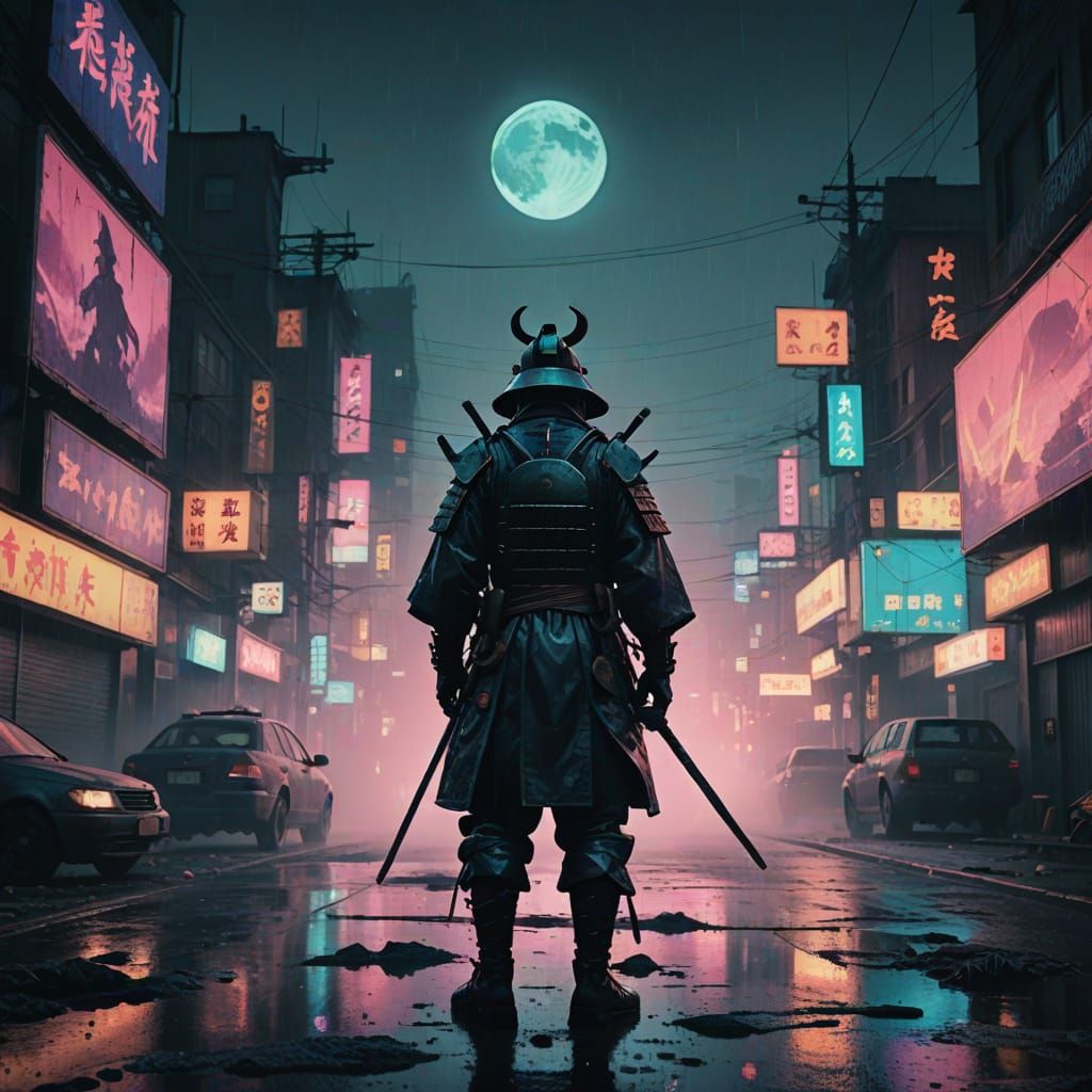 Cyberpunk Samurai in Smokey Cityscape