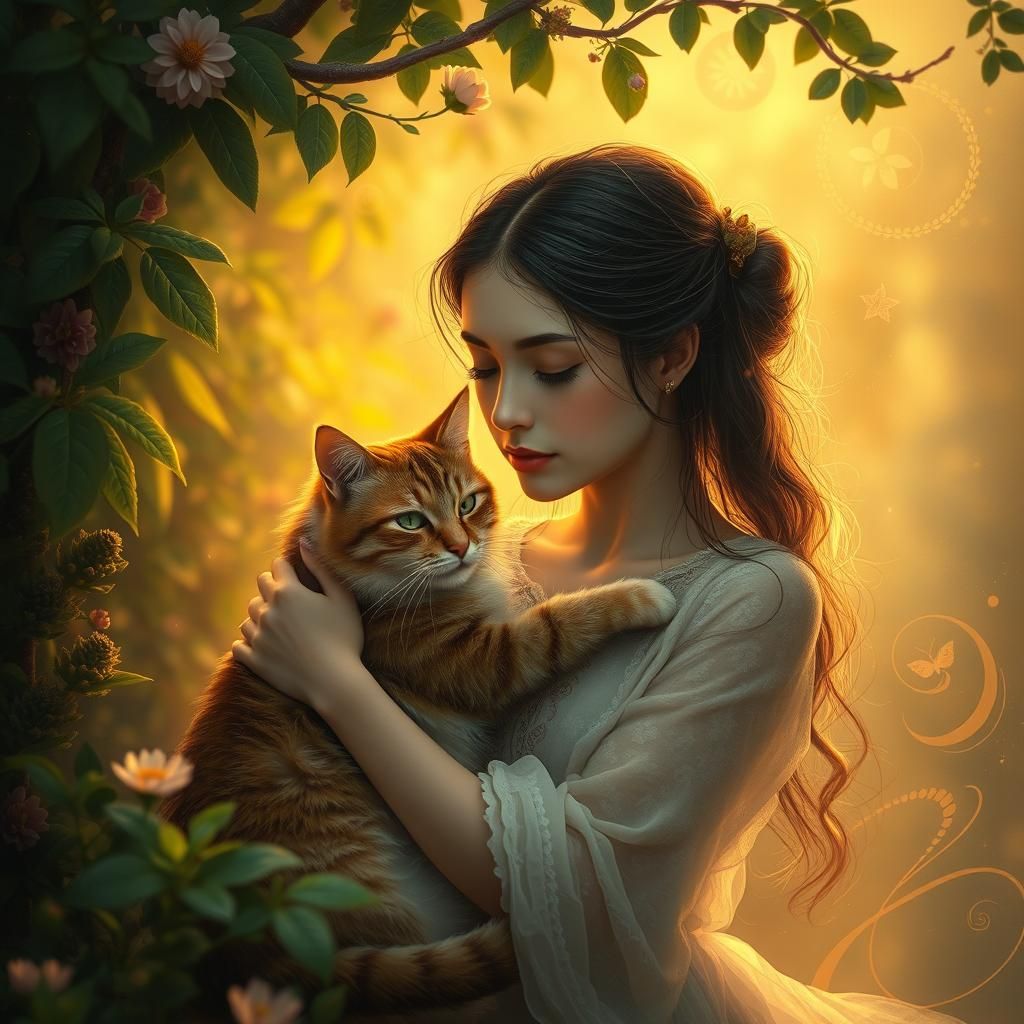 Dreamlike Portrait: Woman and Cat in Ethereal Light