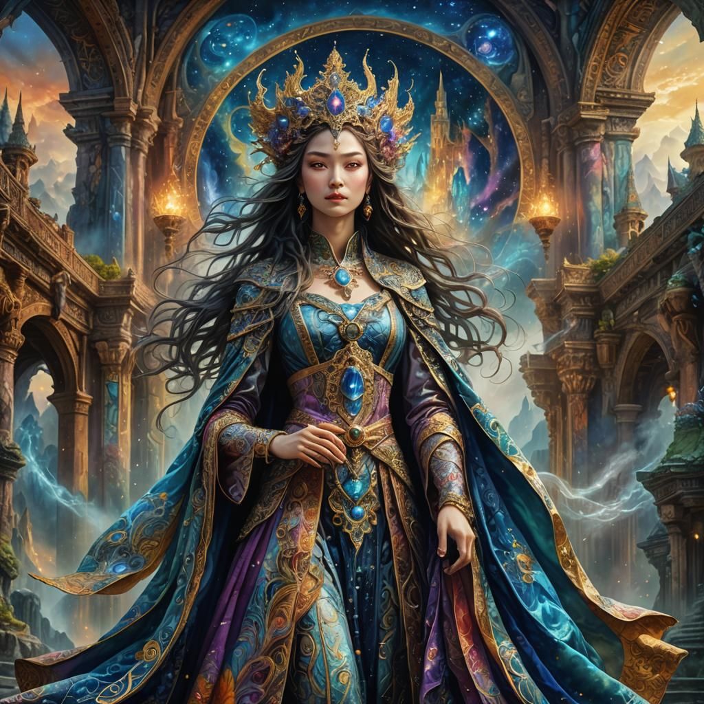 Regal Sorceress in Mystical Realm: Dreamy Digital Art