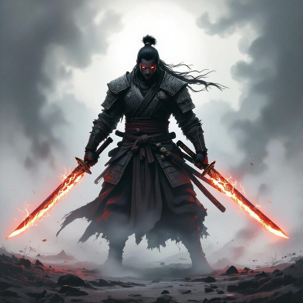 Warrior Wielding Cursed Katanas in Dark Fantasy