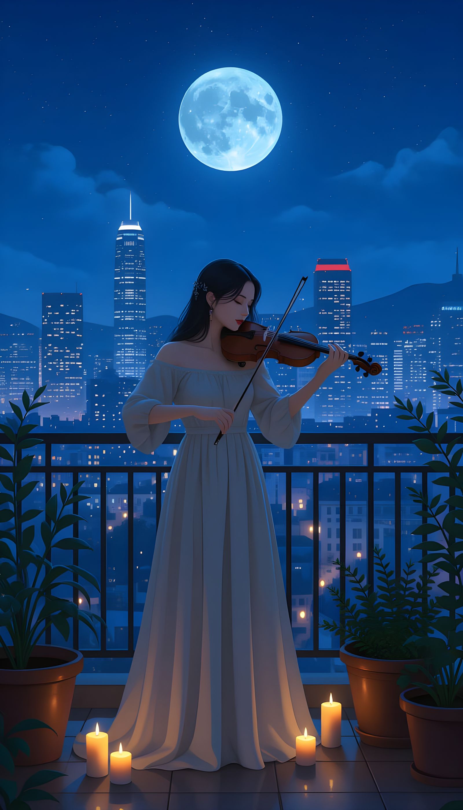 Woman Plays Violin Under Moonlight: Hyperrealistic Cityscape
