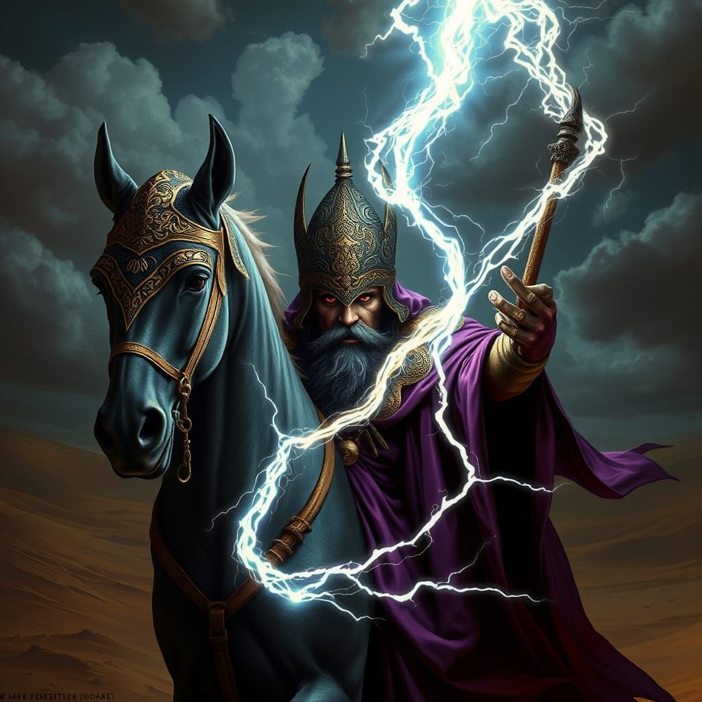 Dark Fantasy Wizard with Lightning and Mythical Helmet