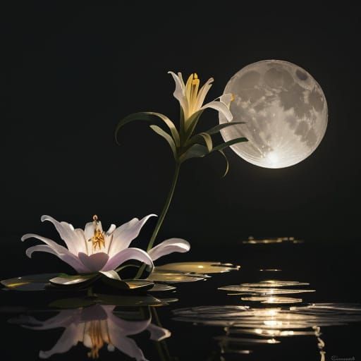 Lily and Moon in Vibrant Oil Painting