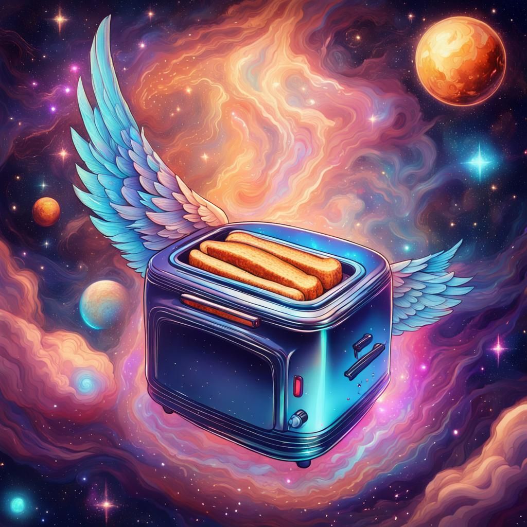 Flying Toaster with Angel Wings in Cosmic Space