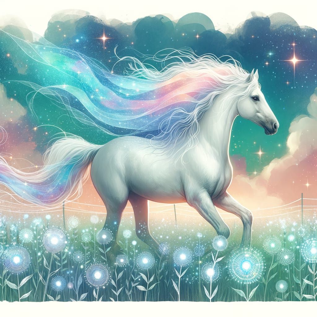 Majestic White Horse in Bioluminescent Field Under Starry Sk...