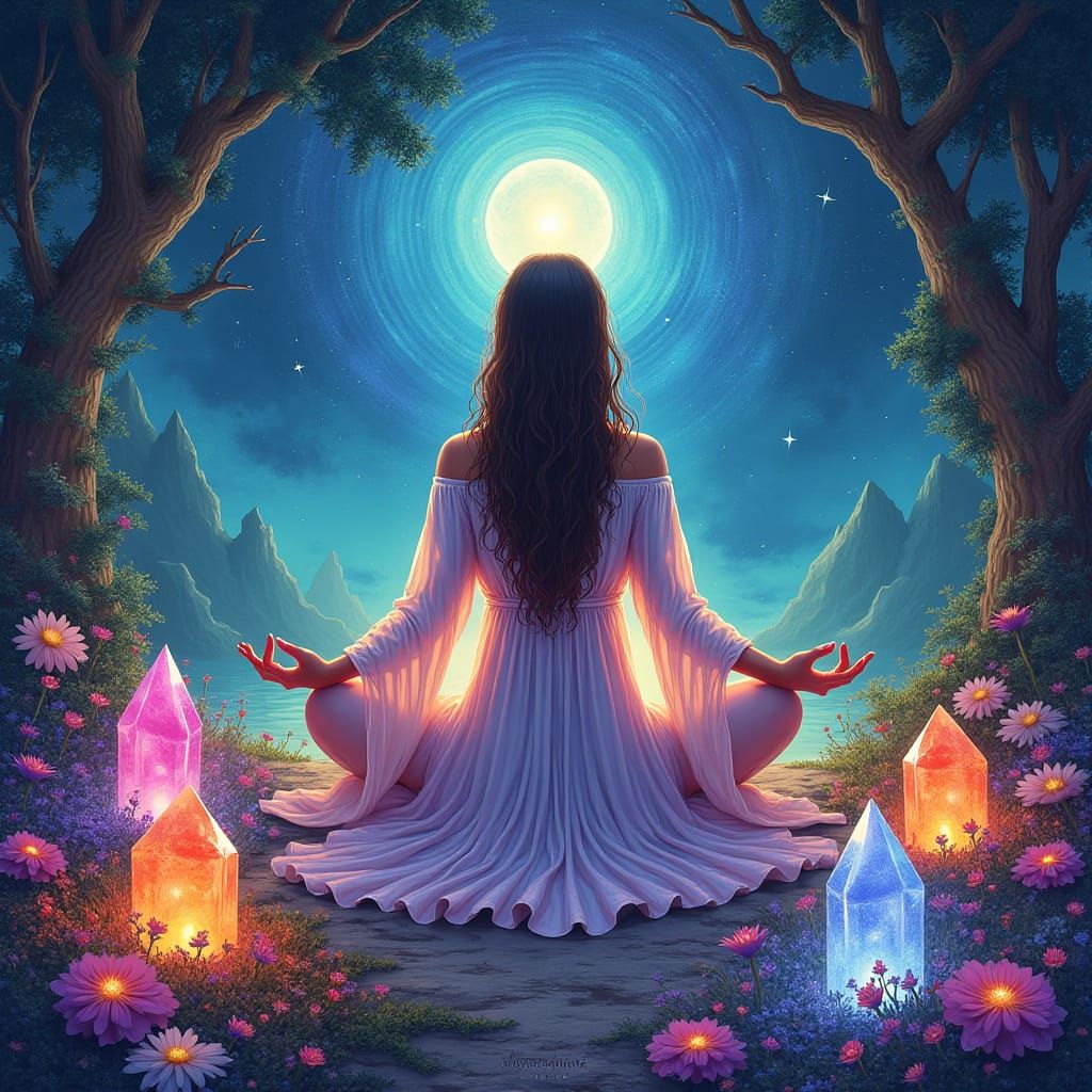 Cosmic Yoga Woman in Vibrant Comic Style