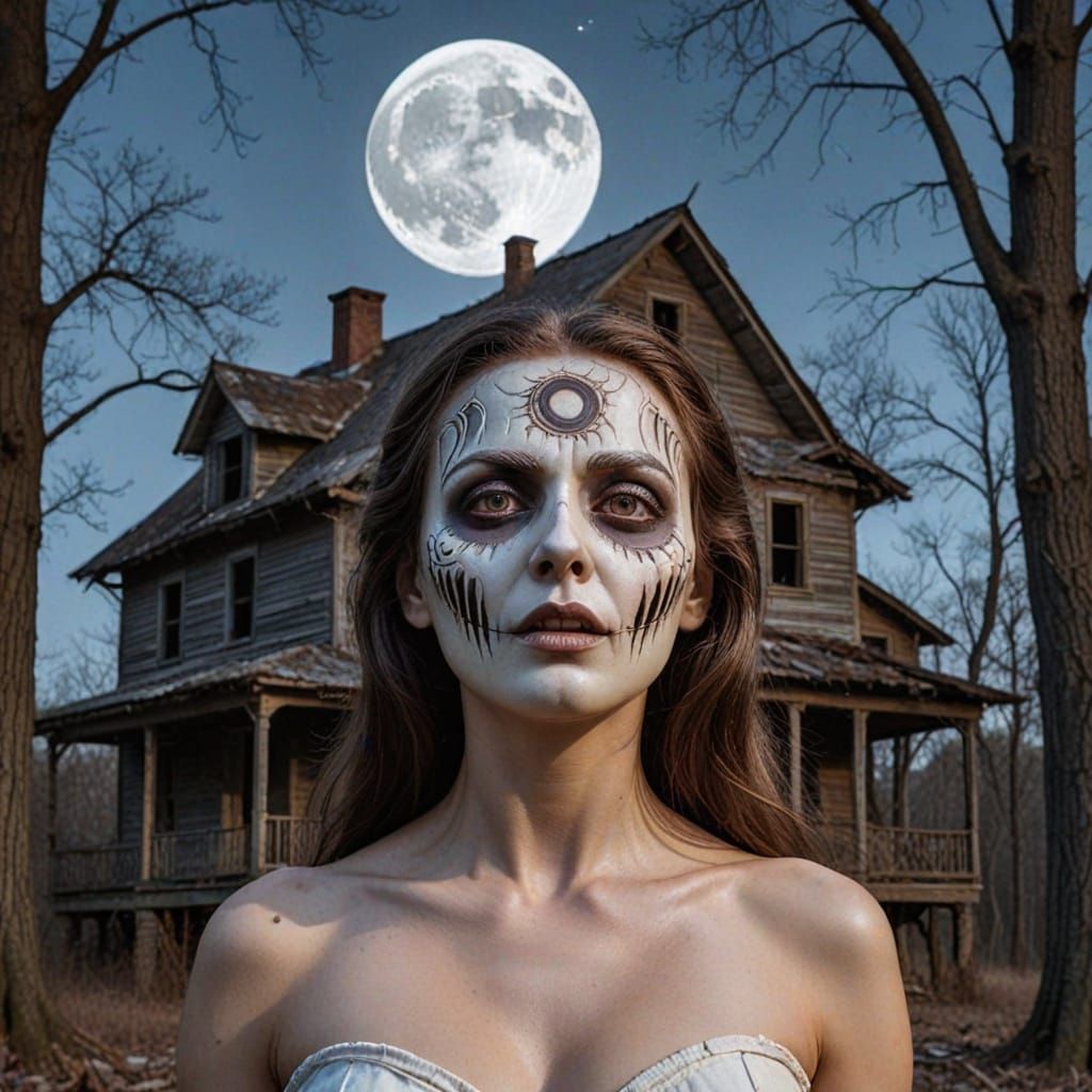 Goddess of Doom Over Haunted House Under Full Moon