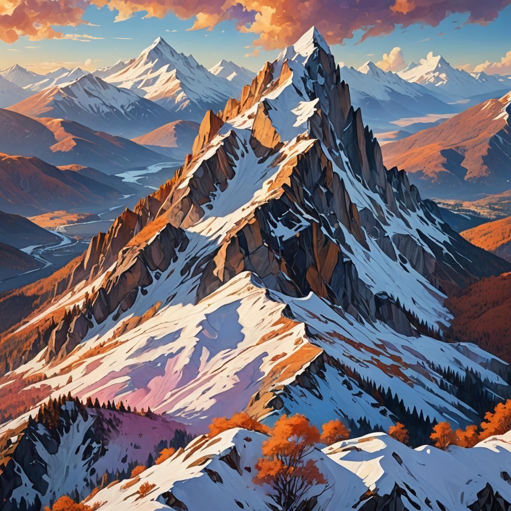 Snowy Mountain Peak in Post-Impressionist Style