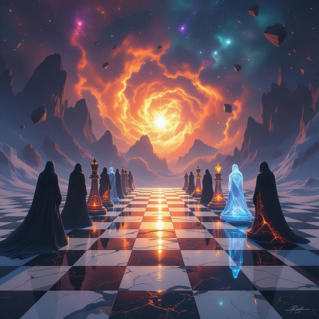 Cosmic Chessboard with Surreal Fantasy Pieces