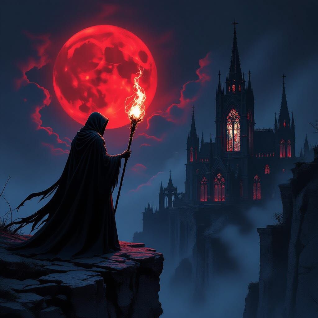 Necromancer at Midnight in Gothic Biomechanical Style