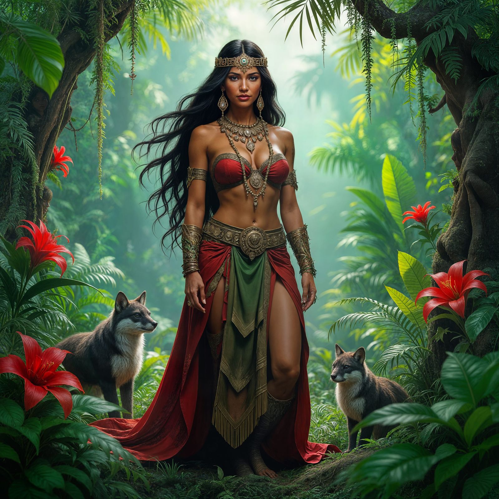 Beautiful Amazon Queen in Mystical Jungle Scene