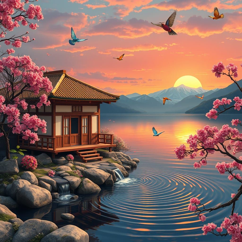 Traditional Japanese House on a Serene Lake with Cherry Blos...