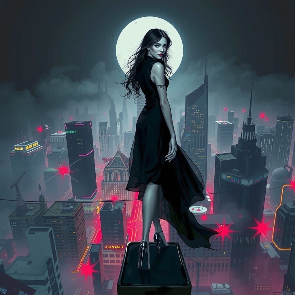 Gothic Vampire Goddess Dominates Dark Cityscape