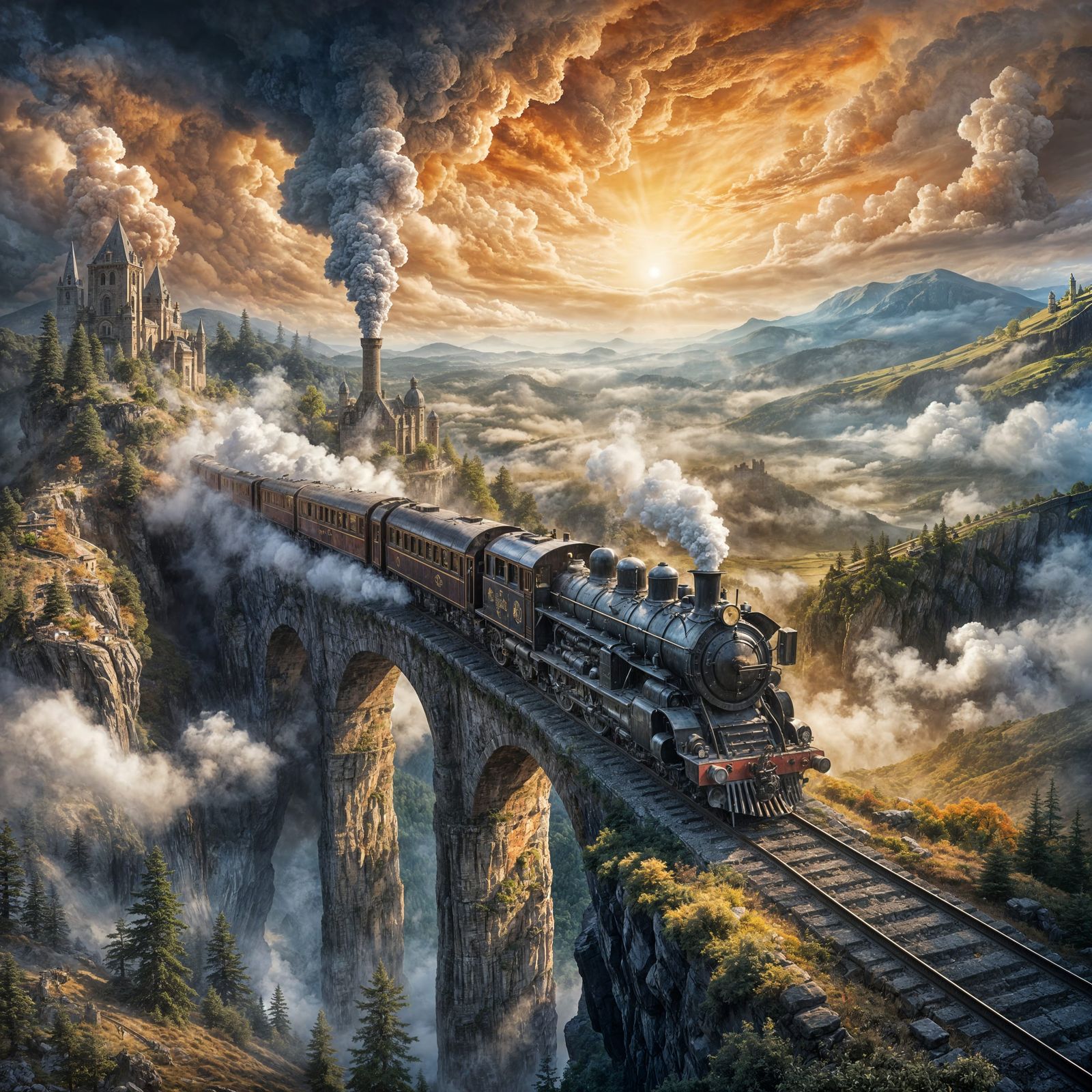 Fantasy Steam Train Merging With Clouds on Stone Viaduct