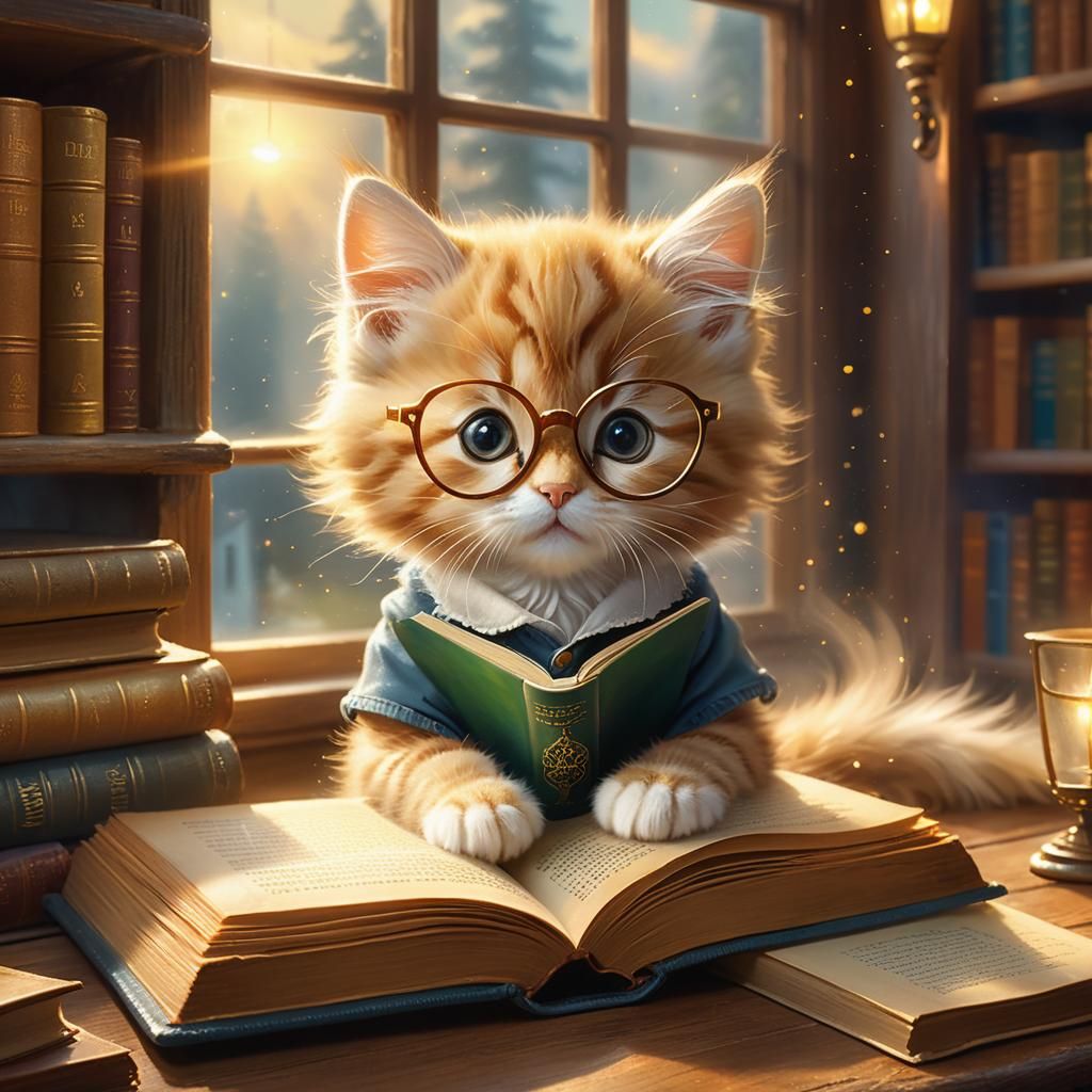 Kitten Reads in Cozy Library: Fantasy Art