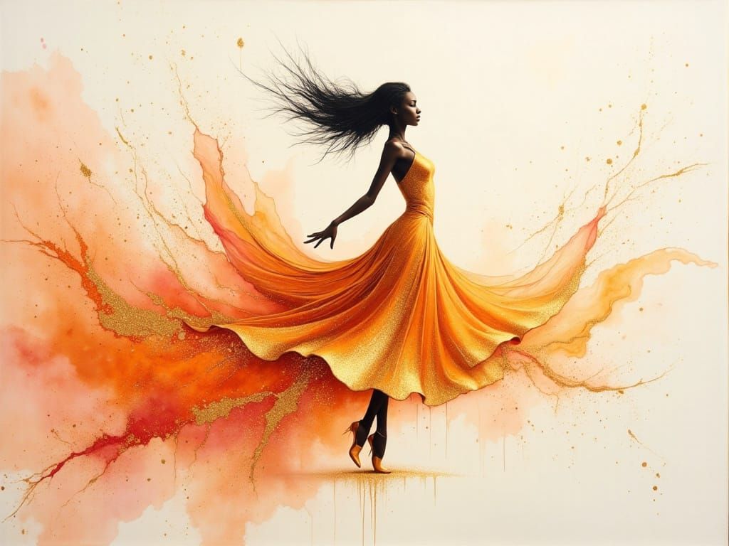 Elegant Dancer in Flowing Warm Colors: Watercolor Painting