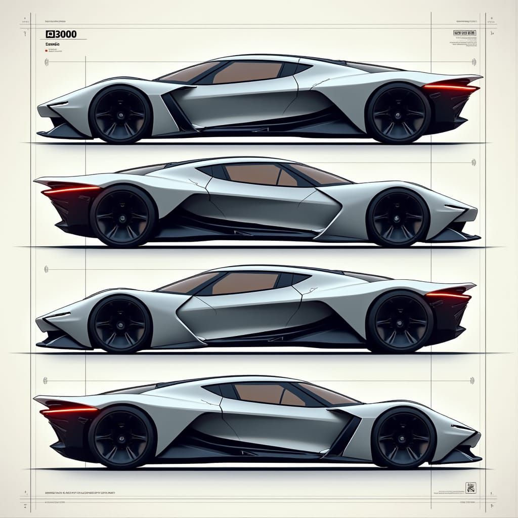 Futuristic Electric Hypercar Blueprint: Four Angles