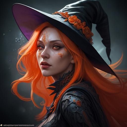 Intricately Detailed Orange Witch in Splash Art Style