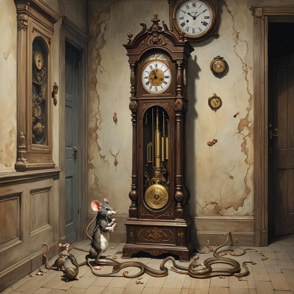 Grandfather Clock, Mice, and Snake in Hallway