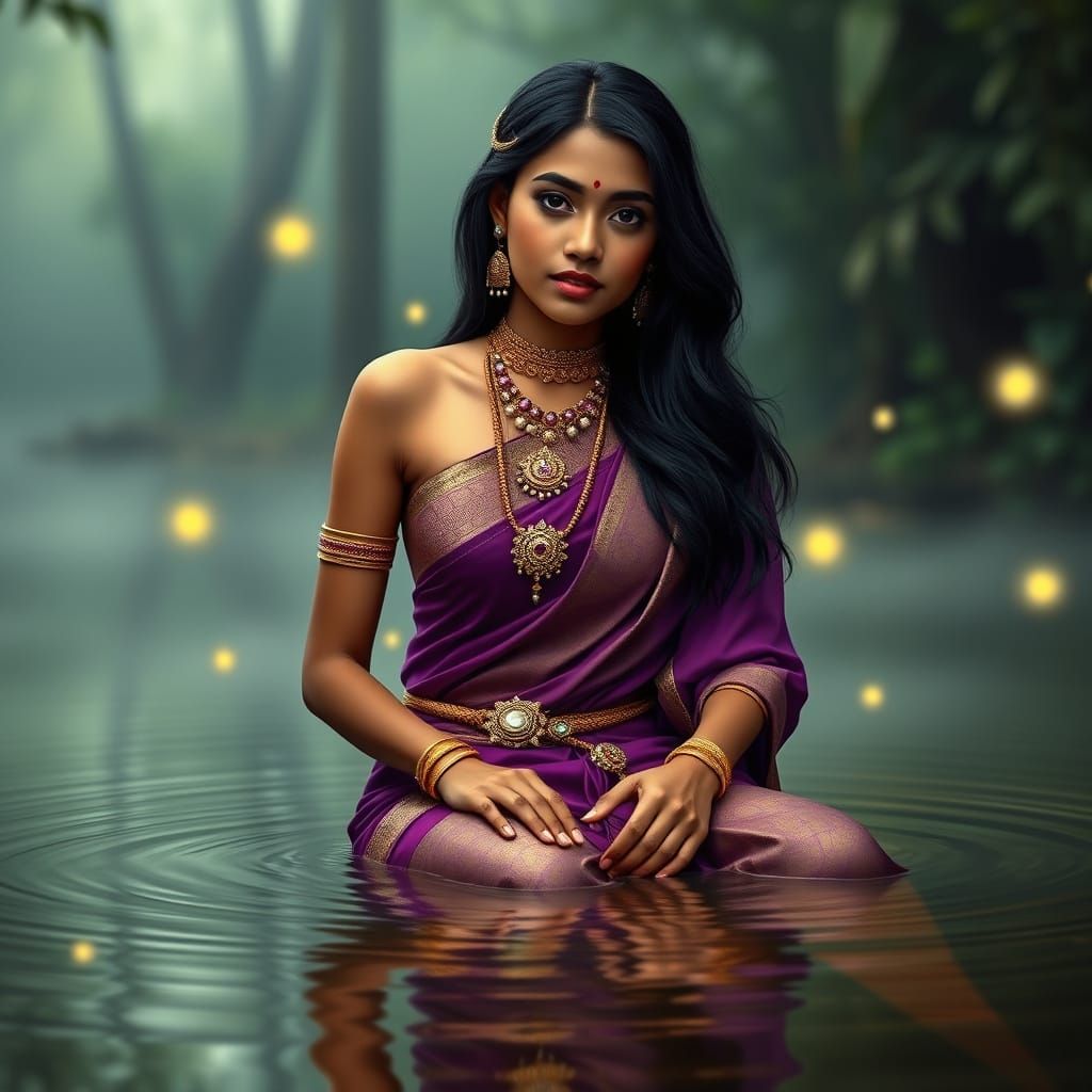 Nagaland Woman in Purple Sari in Misty Forest