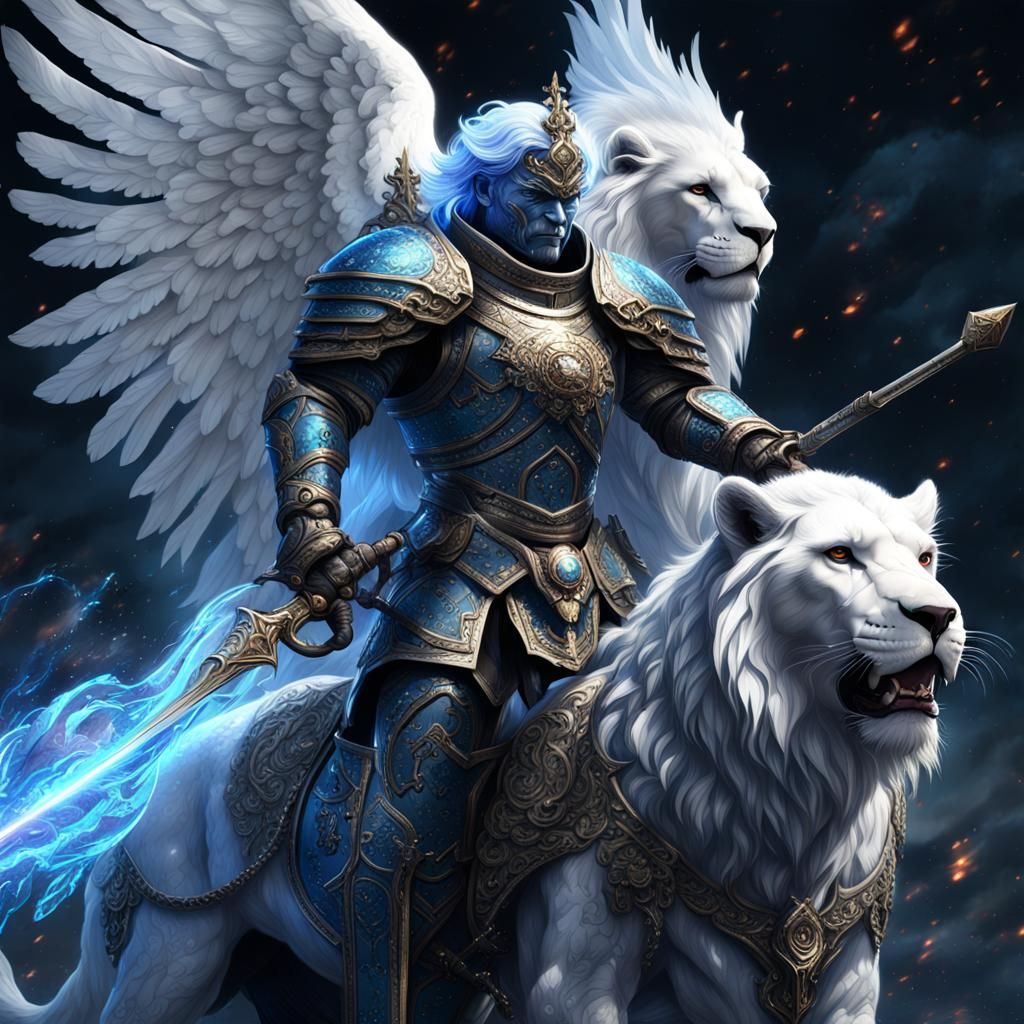 Angelic Knight Astride Cosmic Lion in Dark Fantasy Style