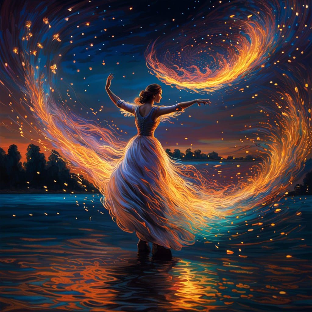 Ethereal Woman Dances on Lake: Impressionistic Art