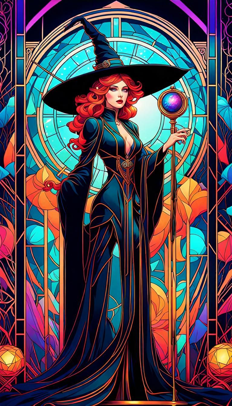 Cyberpunk Witch with Magic Crystals in Art Nouveau Style