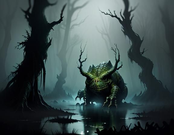 Bullywug in Murky Swamp: Dark Fantasy Art