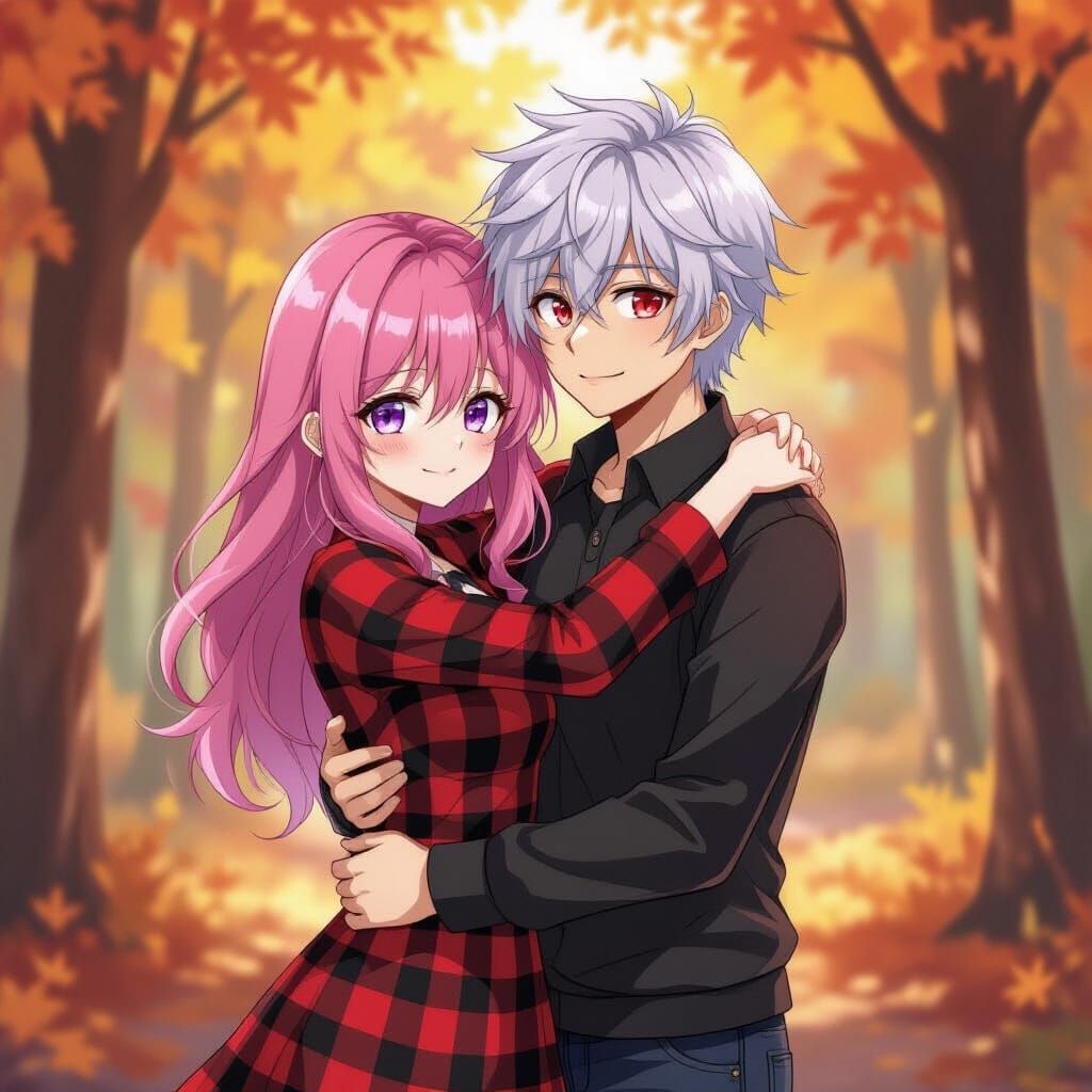 Couple Hugging in Autumn Forest, Alcohol Ink Style