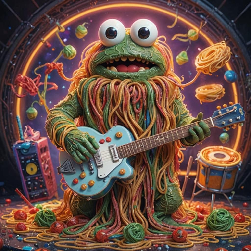 Funky Spaghetti Man Plays Guitar, Detailed Matte Painting