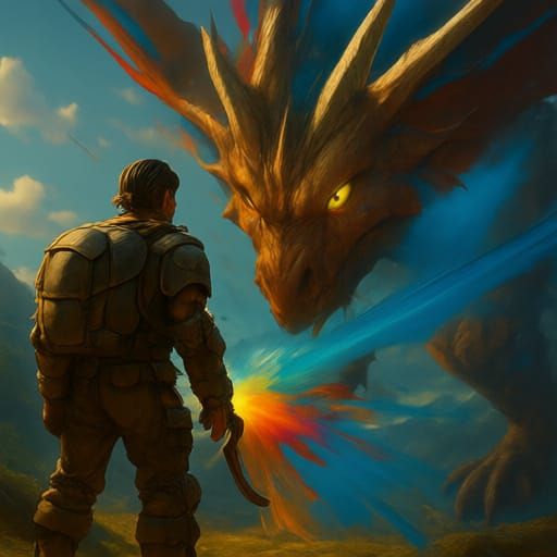 Giant Dragon Faces Adventurer in Detailed 3D Anime Art