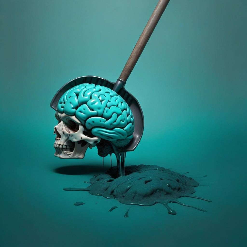 Hyperrealistic Shovel Carrying a Teal Brain