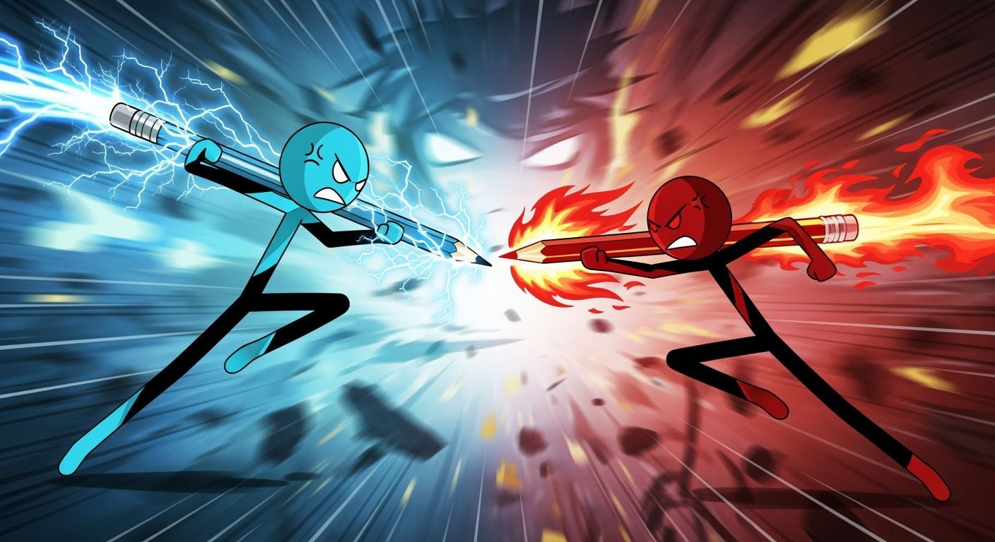 Anime Stick Figure Battle with Plasma and Fire Pencils