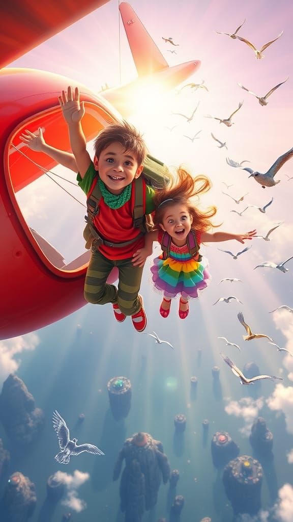 Children Leap from Airplane with Rainbow Parachutes