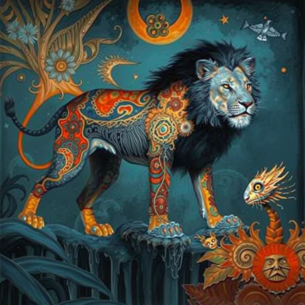 Surrealistic Lion in Prussian Blue and Vibrant Jungle Hues