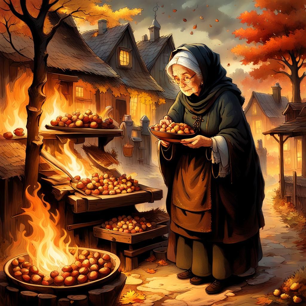 Cozy Autumn Village Scene with Chestnut Vendor
