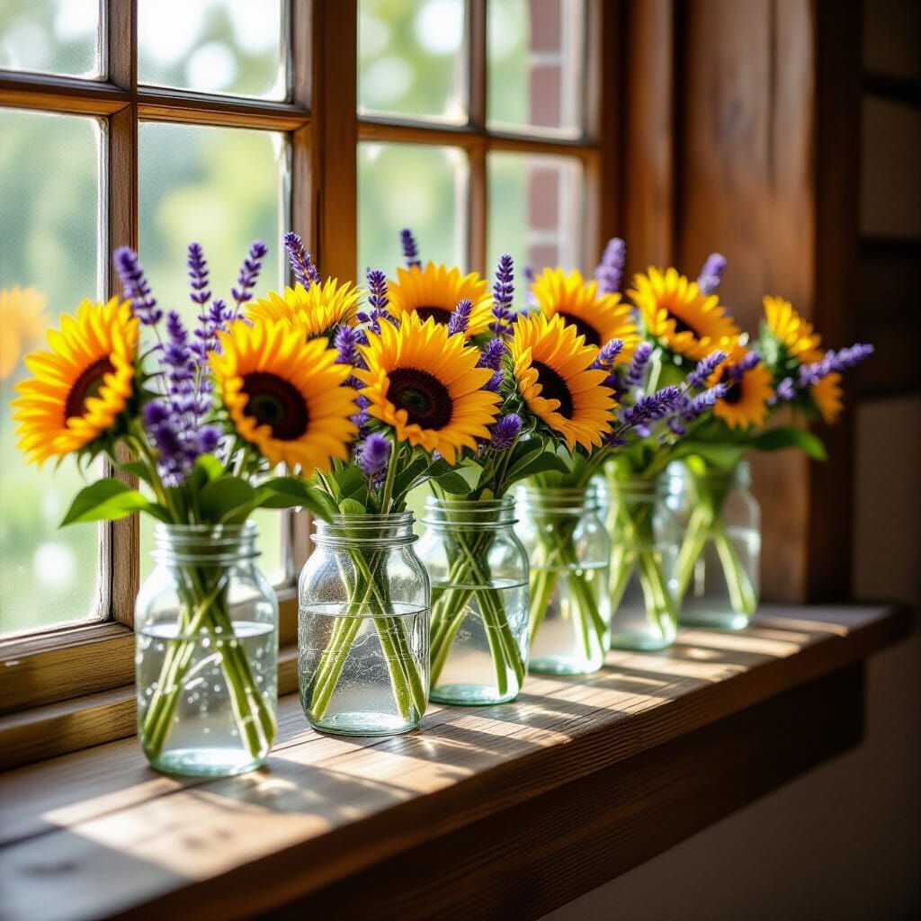 Rustic Window Sill with Sunflowers and Lavender