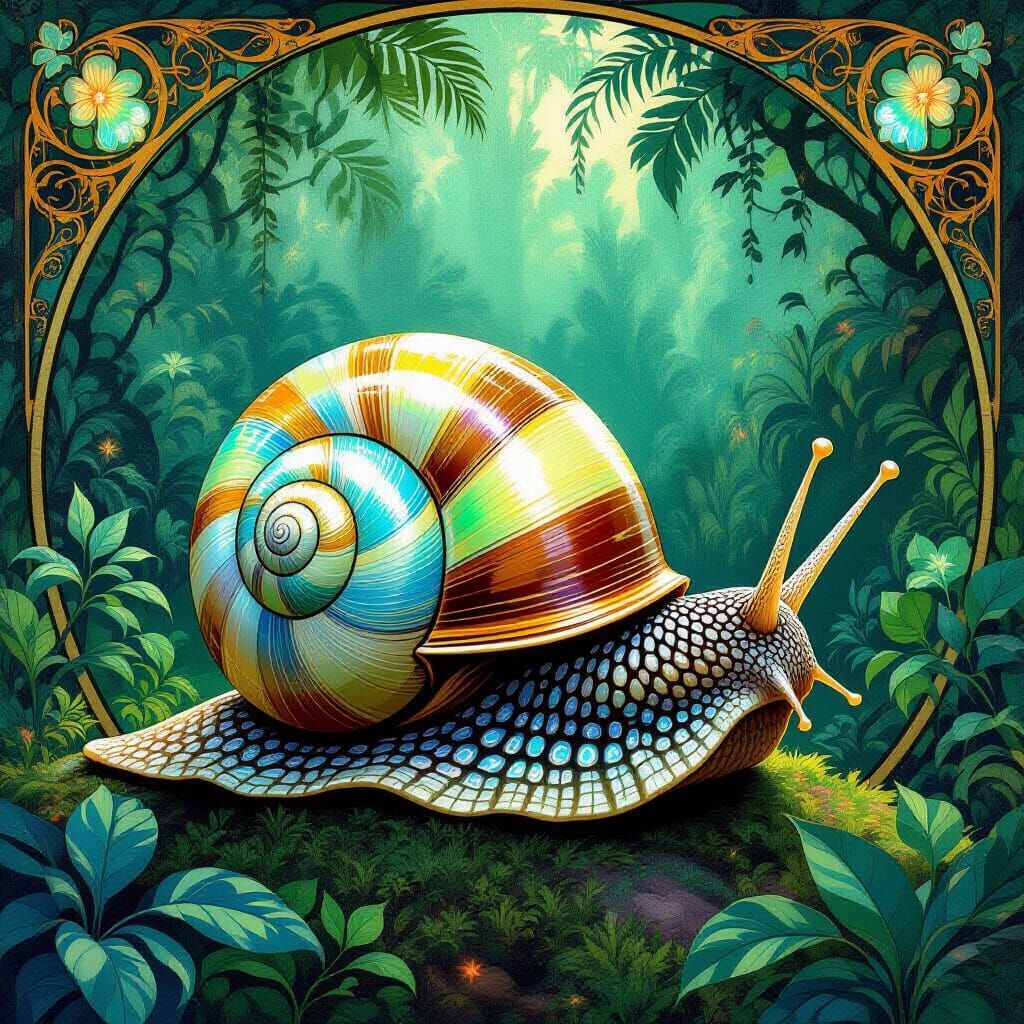 Opalescent Snail in Alien Jungle, Art Nouveau