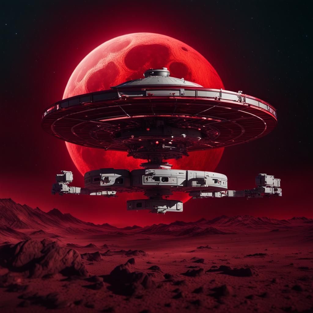 Interstellar Space Station Over Red Moon in Galaxy