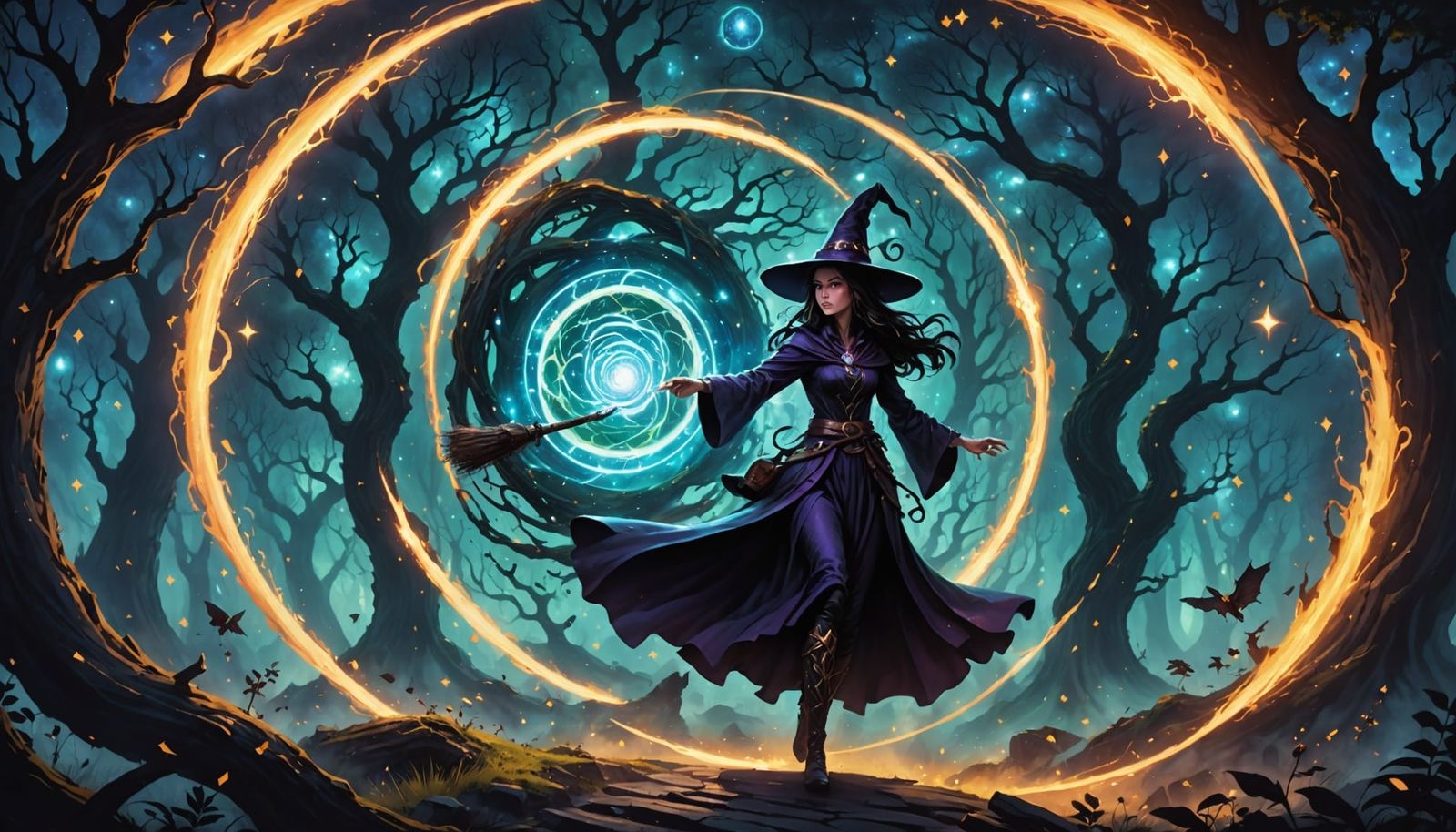 Witch Defends Forest With Cosmic Vortex in Anime Style