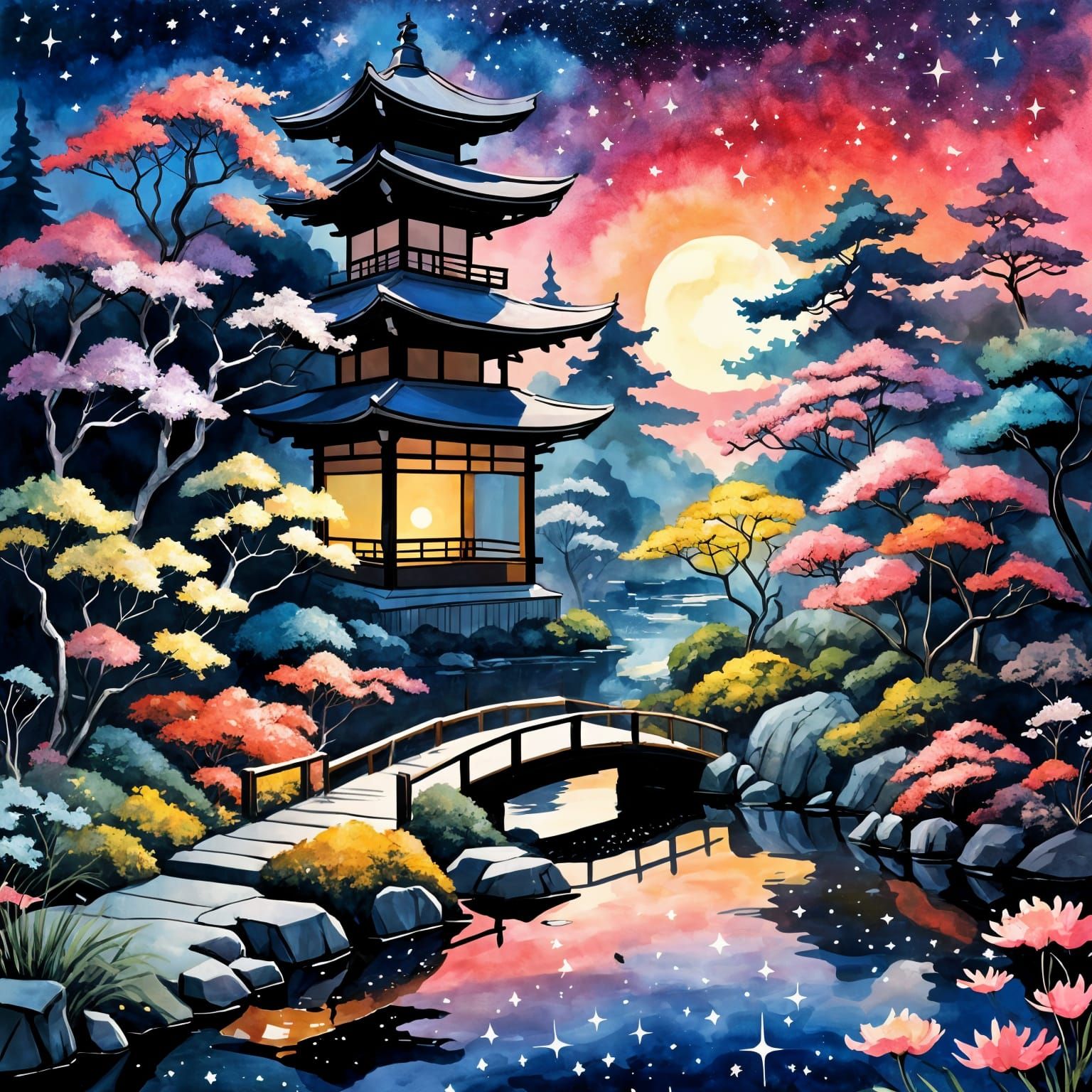 Luminous Japanese Garden at Sunset in Gouache Style