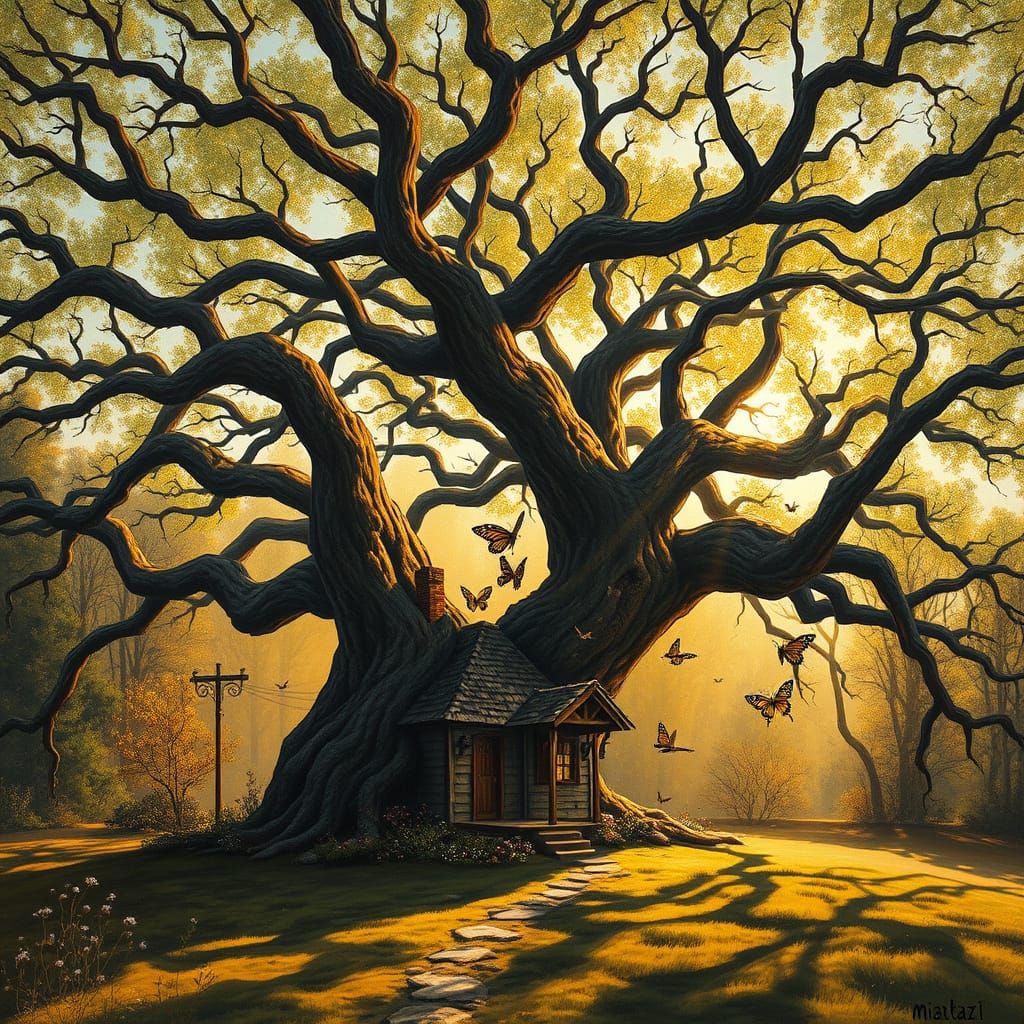 Surrealist Cottage Amidst Ancient Tree in Springtime Forest