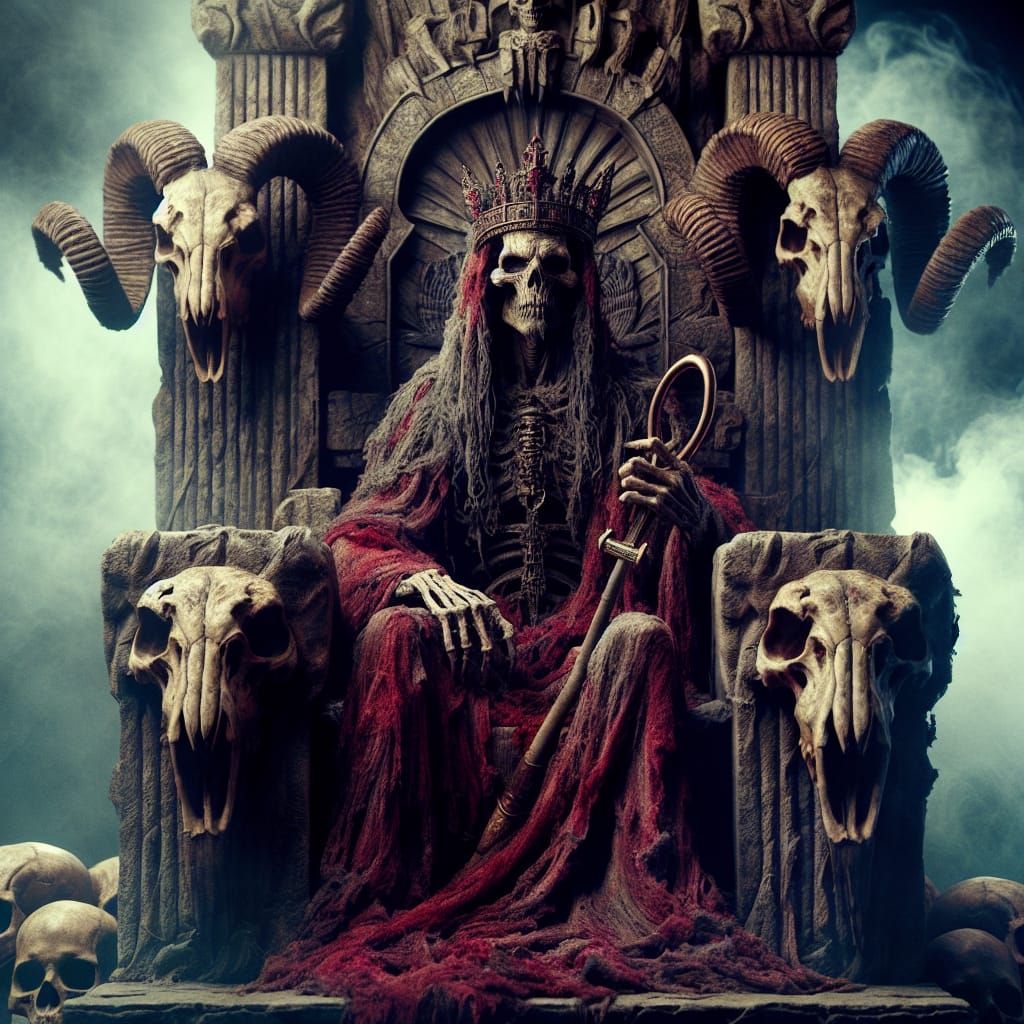 Monstrous Ruler on Ram Skull Throne: Horror Scene