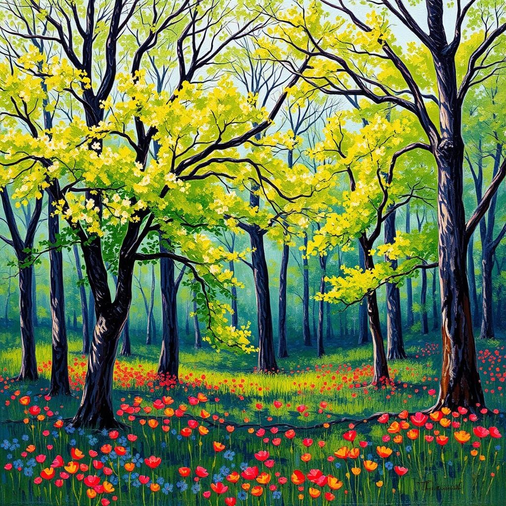 Lush Spring Forest in Post-Impressionistic Style