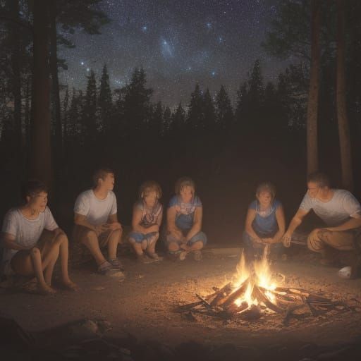 Children Around Campfire Under Starry Sky