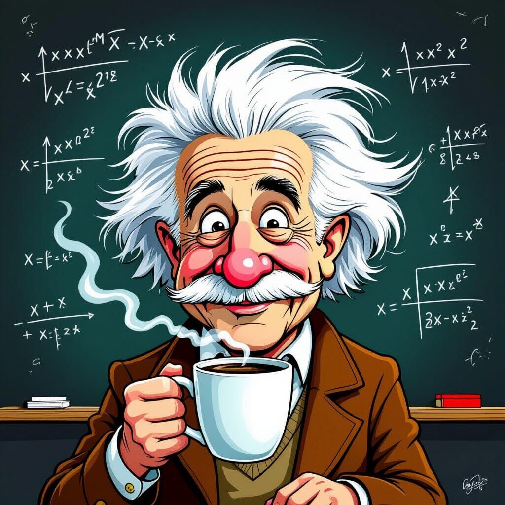 Albert Einstein Cartoon with Wild Hair and Coffee