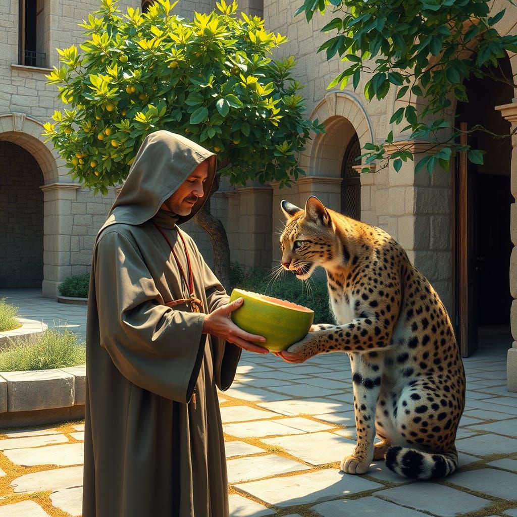 Dreamlike Monastery Courtyard with Prismatic Bismuth Crystal...